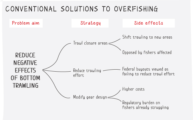 Illustration depicting the conventional solutions to overfishing by reducing the negative effects of bottom trawling.