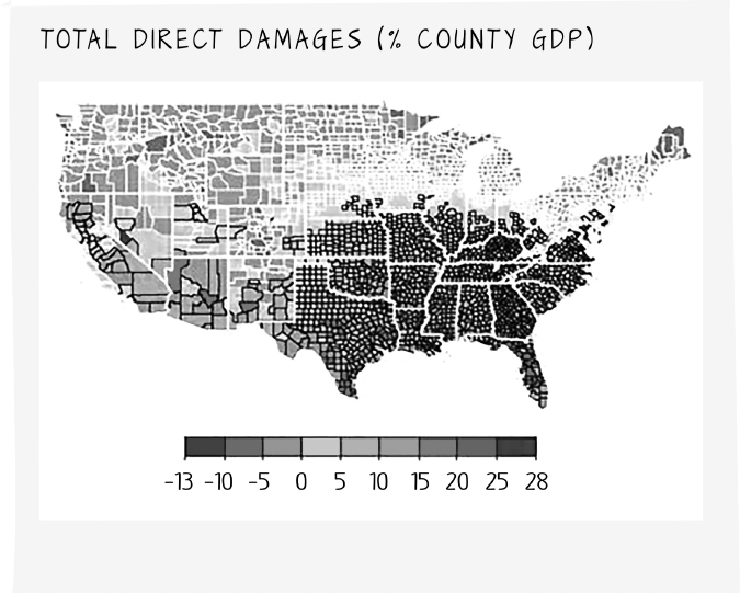 Map illustration depicting joint distributions of possible economic outcomes impacting labor, violent crime, mortality, rainfall, electricity consumption, temperature, and CO2 of a country.