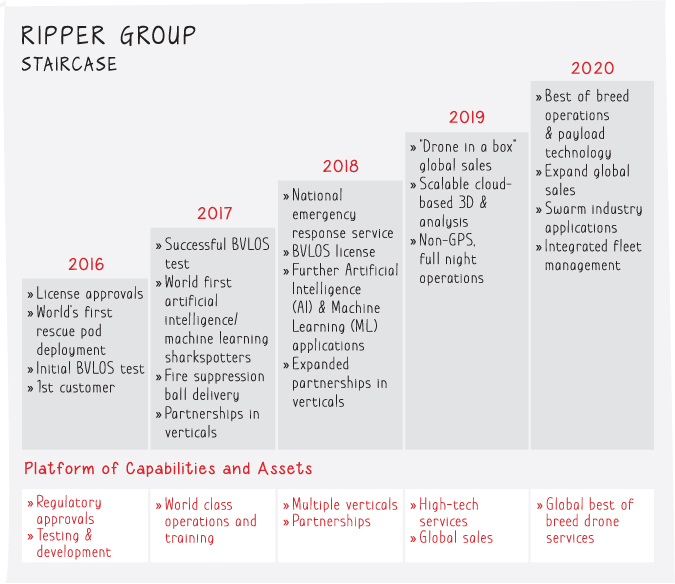 Illustration of ripper group staircase from the years 2016 to 2020 on a platform of capabilities and assets.