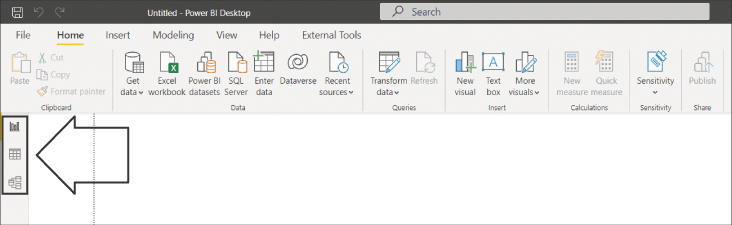 The figure shows the Report, Data, and Model buttons on the left of the Power BI Desktop window.