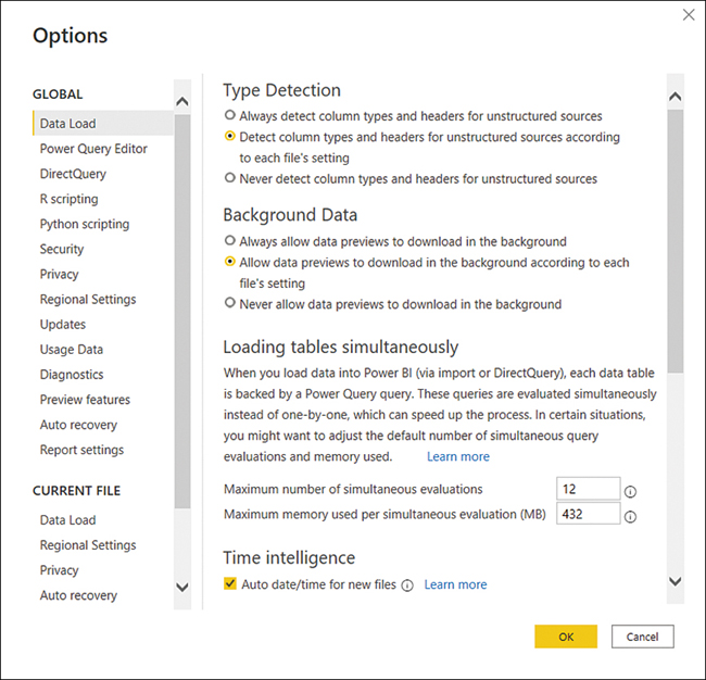 The Data Load section has the following settings visible: Type Detection, Background Data, Loading tables simultaneously, and Time intelligence.