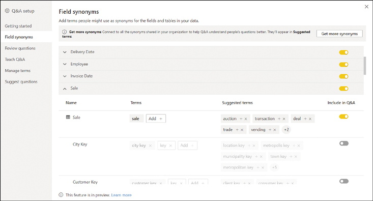 We see a list of fields in the Sale table. For each field, as well as the table itself, there's a list of terms and suggested terms and the Include in Q&A toggle.