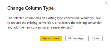 The figure shows the Change Column Type dialog box with three buttons: Replace current, Add new step, and Cancel.