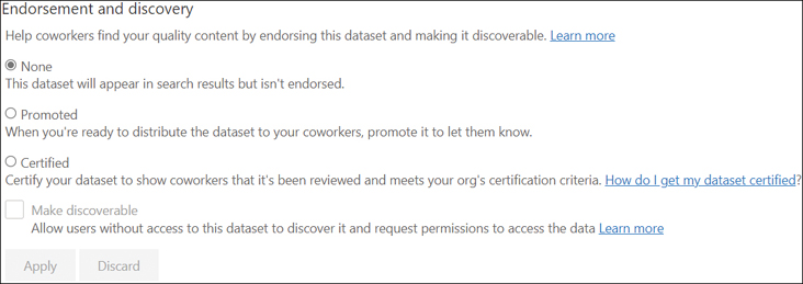 The figure shows the Endorsement section of dataset settings. There are three radio buttons: Default, Promoted, and Certified.