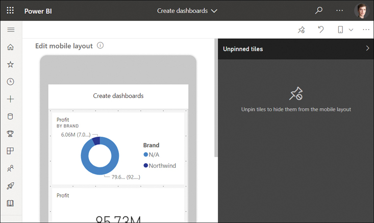 The figure shows the dashboard mobile view editor.