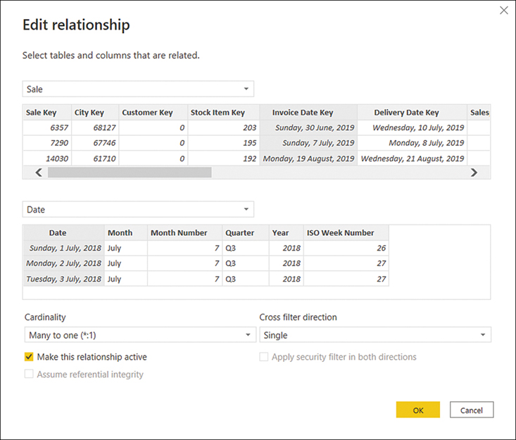 We see two drop-down lists for tables and table previews from which you can select columns. The Cardinality drop-down list has Many to one selected. The Cross filter direction has Single selected. The Make this relationship active check box is selected. Two other check boxes are inactive.