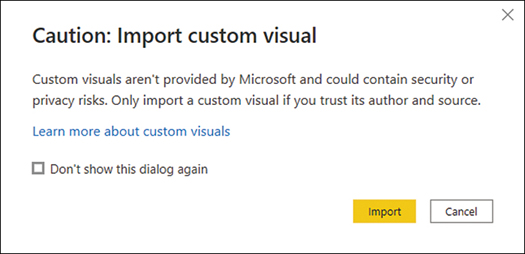 The caution says: “Custom visuals aren't provided by Microsoft and could contain security or privacy risks. Only import a custom visual if you trust its author and source.”