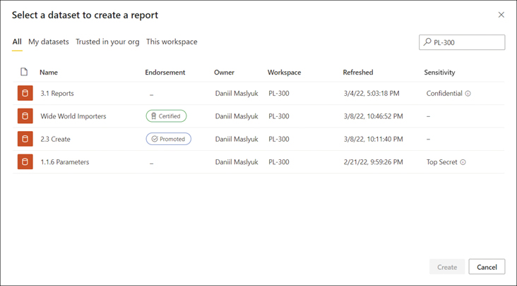 The figure shows a list of datasets where one has a Certified badge and another one has a Promoted badge.