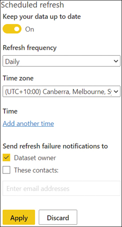 The figure shows the settings that can be configured for scheduled refresh.