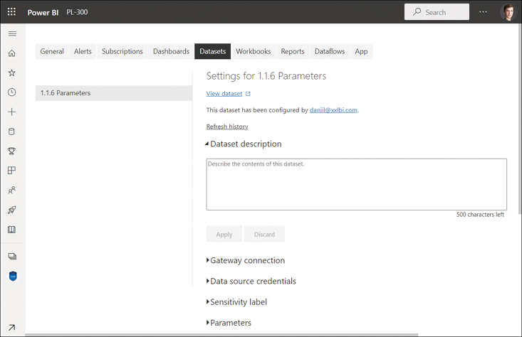 The figure shows dataset settings in the Power BI service.