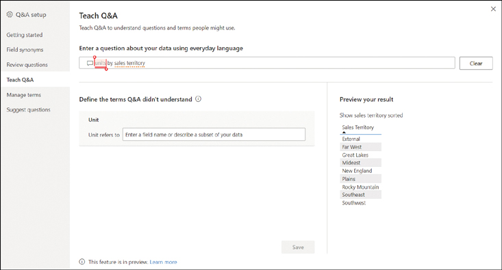 The window shows the current question and a list of terms the Q&A feature didn't understand. In the lower-right corner, there's a preview of results.