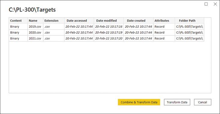 The figure shows the list of files in the Targets folder and some metadata for each file.