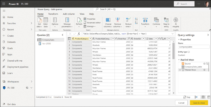 The figure shows a preview of the CompanySales query in dataflows.