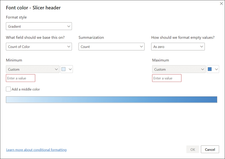 There are the following drop-down lists: Format style, What field should we base this on, Summarization, How should we format empty values, Minimum, and Maximum. There's also the Add a middle color option.