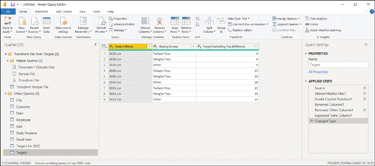 The figure shows Power Query Editor where the preview of the Targets query is shown.