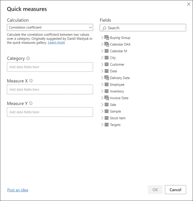 The Correlation coefficient is selected in the Calculation drop-down list. Below, there are three field wells: Category, Measure X, and Measure Y. On the right, there's a list of visible fields.