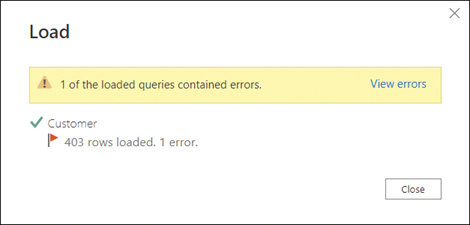 The figure shows a text message that reads 1 of the loaded queries contained errors.