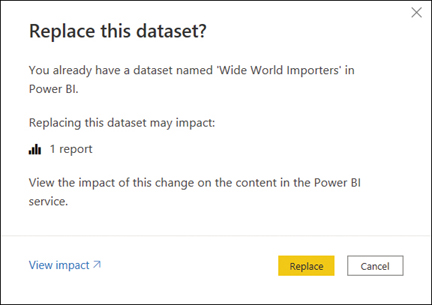 The figure shows a message that reads “Replace this dataset? You already have a dataset named 'Wide World Importers' in Power BI.”