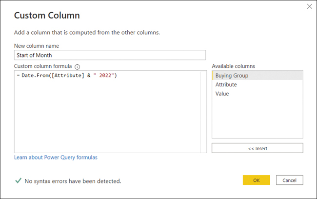 The figure shows the Custom Column window with New column name, Custom column formula, and Available columns elements.