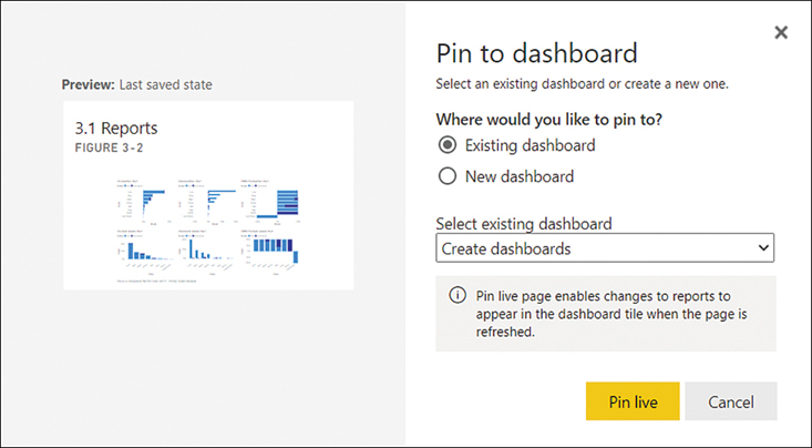 The figure shows the options when pinning a live page.