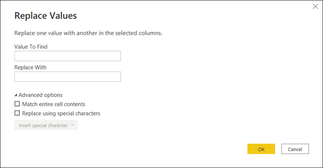 The figure shows the Value To Find and Replace With options, along with Advanced options expanded.