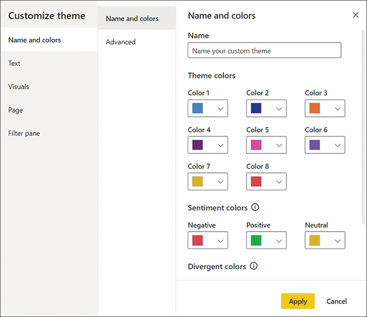 The figure shows the View tab of the ribbon in Power BI Desktop with themes list expanded.