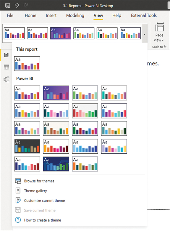 The figure shows the View tab of the ribbon in Power BI Desktop with themes list expanded.