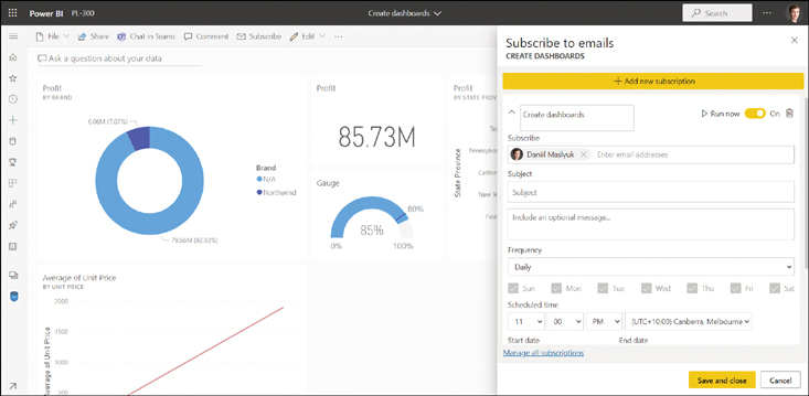 The figure shows the various options available when subscribing to a dashboard.