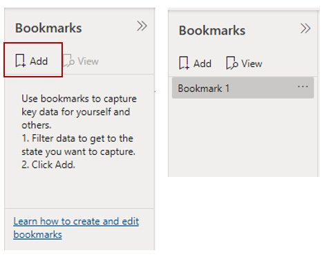 Figure 11.2 – Selecting the Add button saves the state of the report page to the Bookmarks panel 