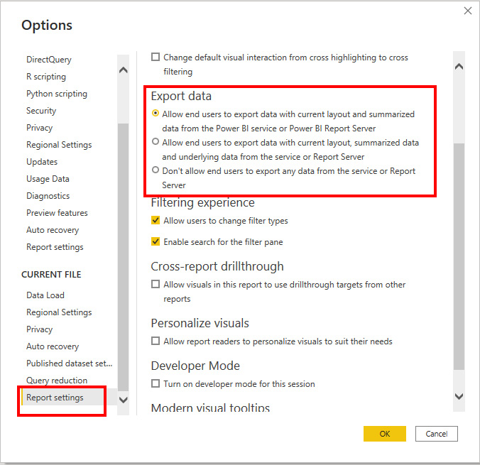 Figure 11.26 – Controlling how much, if any, data your report users can export 