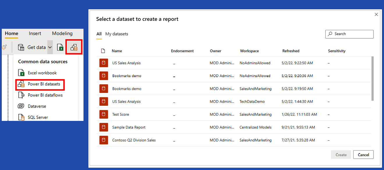Figure 15.10 – Reusing datasets in Power BI Desktop 