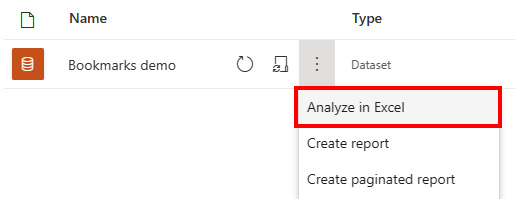 Figure 9.47 – Analyze in Excel option for Power BI datasets 