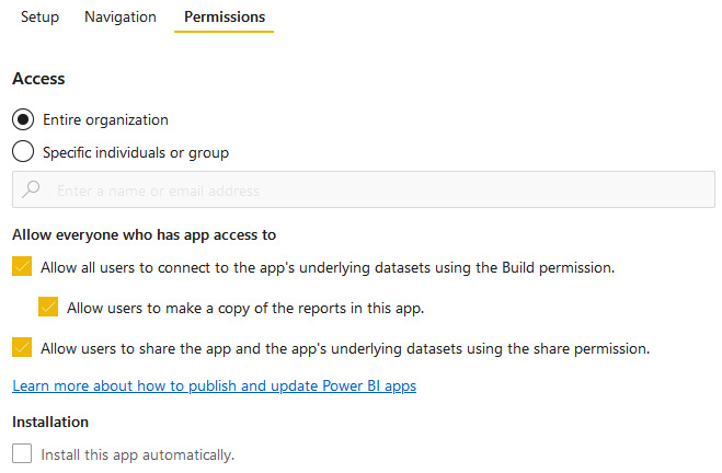 Figure 14.7 – Permissions configuration for a Power BI app 