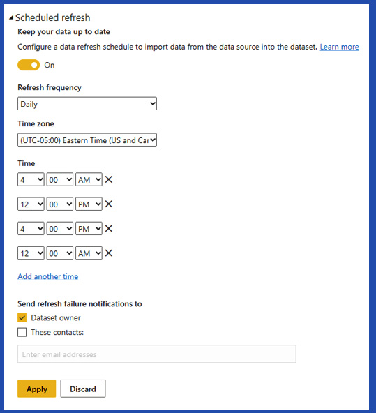 Figure 15.3 – Datasets can be refreshed multiple times a day if needed 