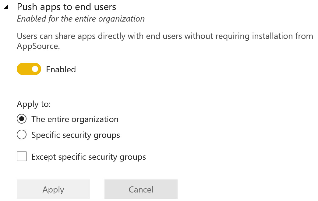 Figure 14.8 – Enabling Push apps to end users in the Power BI admin portal 