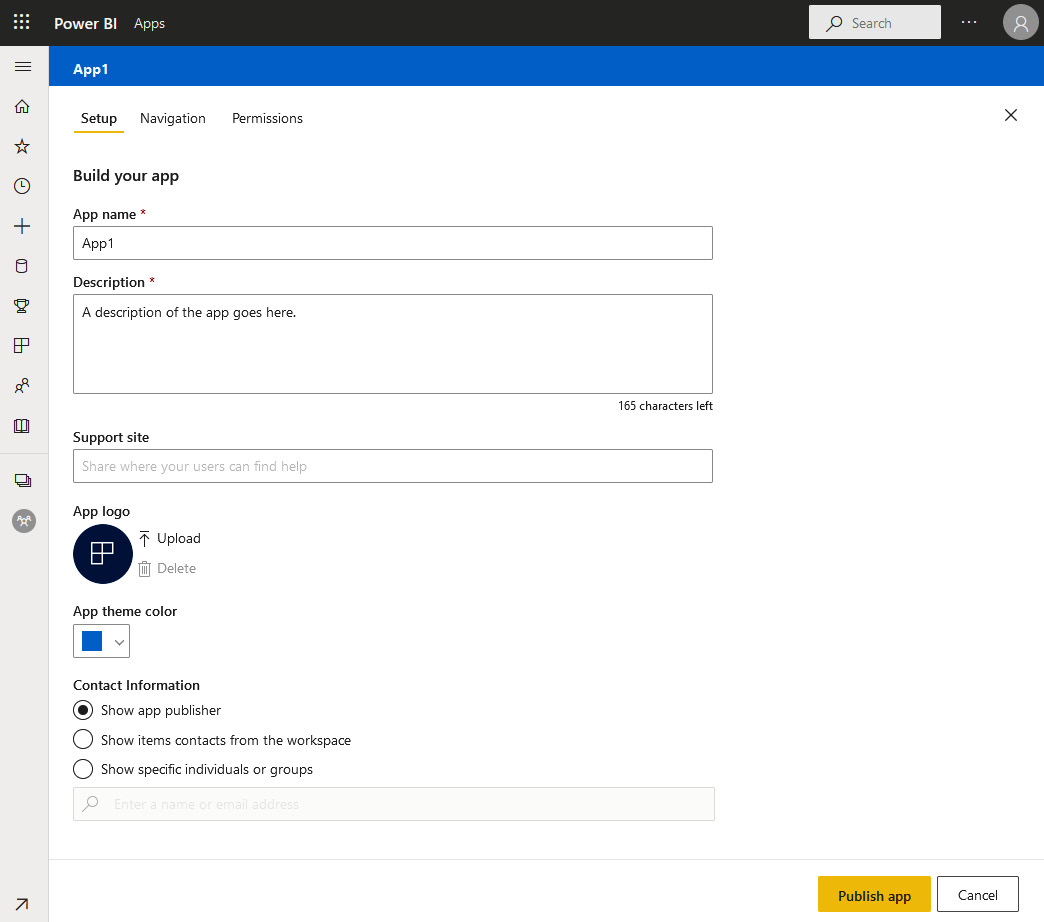 Figure 14.4 – Creating a Power BI app 
