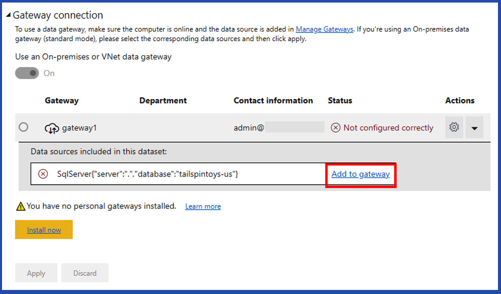 Figure 15.4 – If a gateway is needed, the Power BI service will inform you 