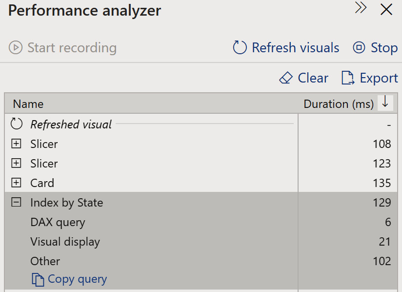 Figure 8.3 – Results of Performance analyzer after refreshing visuals 