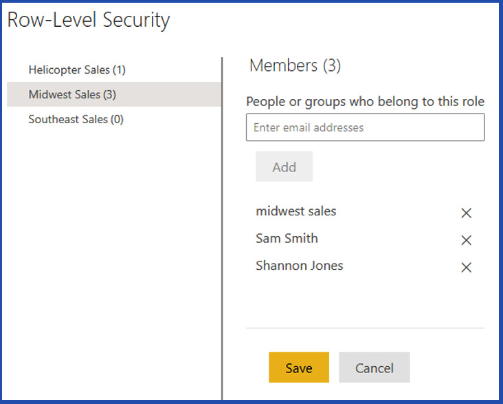Figure 15.7 – Adding users or groups to row-level security by searching AAD 