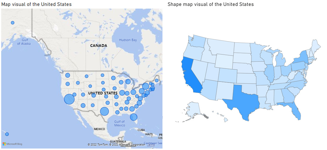 Figure 9.23 – Map and shape map visuals showing population data for the United States 