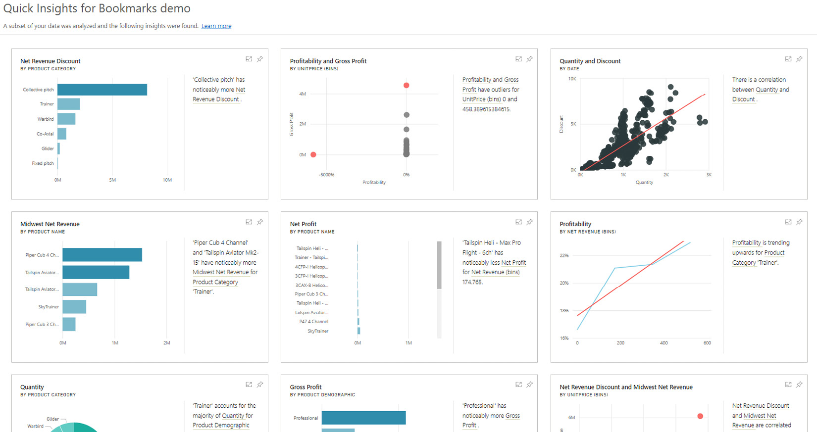 Figure 13.15 – The output from quick insights. Power BI generated 37 visuals this time 