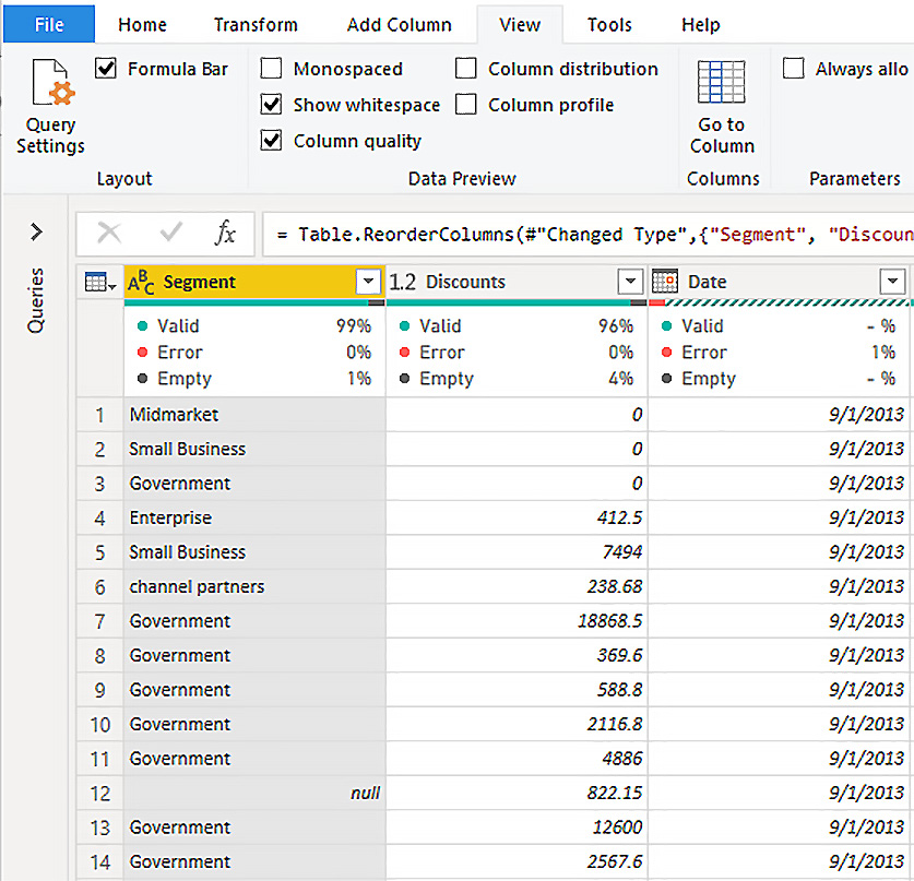 Figure 3.4 – Column quality showing how many rows in your column are valid, will return an error, or are empty 