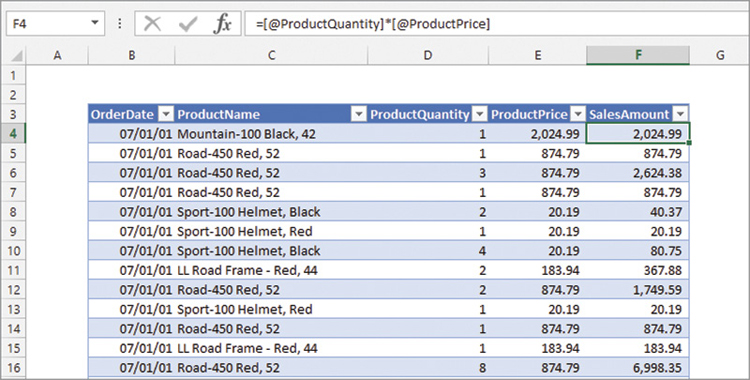 Excel spreadsheet containing a table where some columns are computed using table expressions.