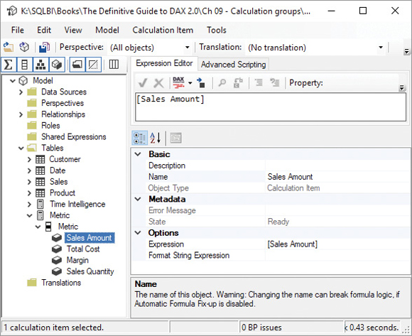 The figure shows a screenshot where the Sales Amount calculation item and its expression are displayed.