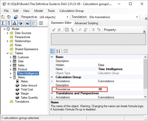 In this screenshot we see the Precedence property in a calculation group.