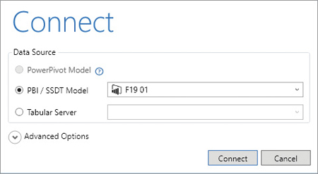 This figure shows the Connect window allowing DAX Studio to connect to a Power BI model.