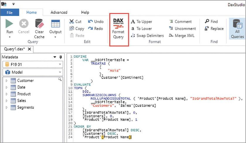The figure highlights the presence of DAX Formatter on the Home tab.