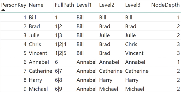 The report shows the values for the level measures and NodeDepth.