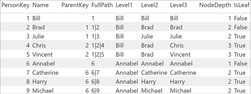 The data model now contains IsLeaf, which is a Boolean value for each name.