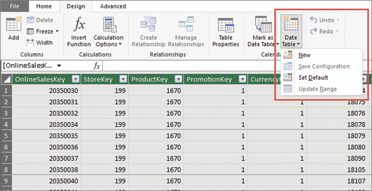 The figure shows how to create a new date table.